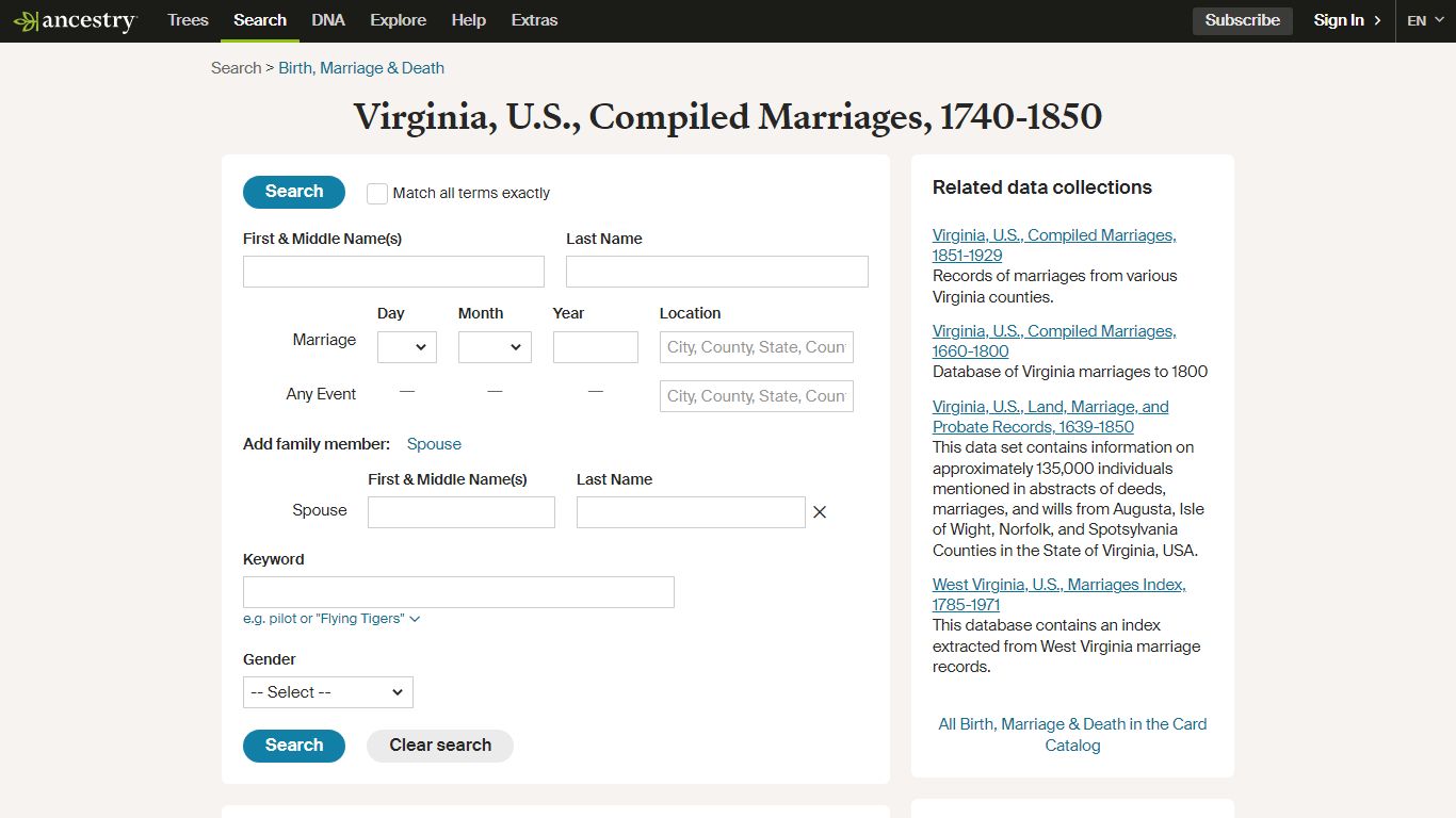 Virginia, U.S., Compiled Marriages, 1740-1850 - Ancestry