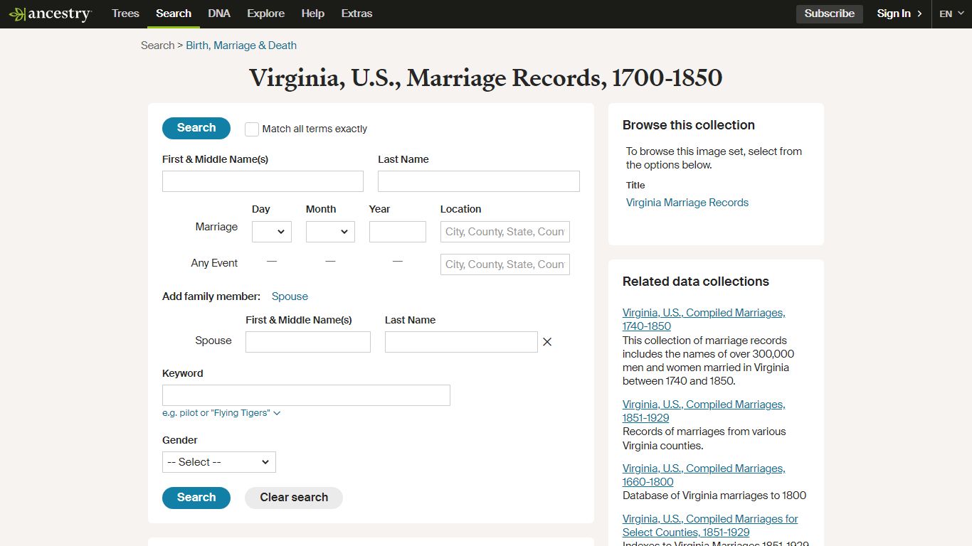 Virginia, U.S., Marriage Records, 1700-1850 - Ancestry.com